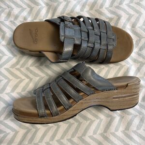 Dansko 39 Marion Wedge Blue Gray Leather Slide Platform Sandals Fisherman Shoes